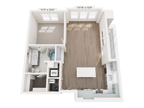 A white floor plan of a room with a kitchen, living room, and bathroom.